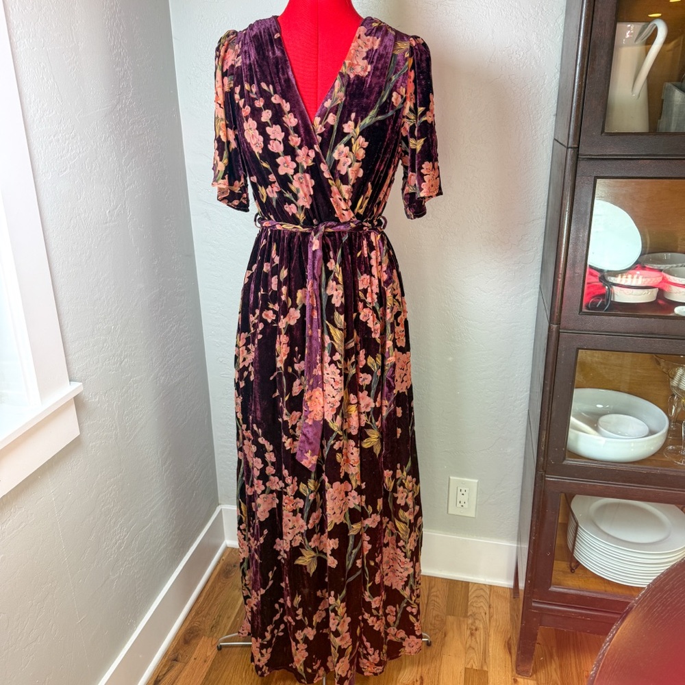 Baltic Born Purple Floral Velvet Burnout Wrap Maxi Dress With Tie Size L